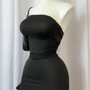 Vestido minivestido sexy sin tirantes con estampado floral, dobladillo plegado, abertura alta, liso, sin espalda, sin mangas, negro y rosa, para fiesta, 2024