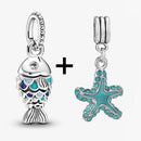 2Pcs/Lot Crystal Blue Scaled Fish Bead With Pendant Fit DIY Brand Charm Bracelet  For Women's Summer Jewelry To Making Gift