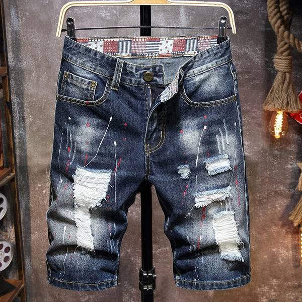 Men's Graffiti Ripped Short Jeans 2024 Summer New Fashion Casual Slim Big Hole Retro Style Denim Shorts Male Brand Clothes