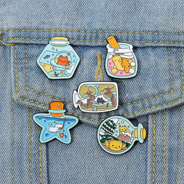 Cat's Wishing Bottle Enamel Pins Custom Kitten Dream Life Brooches Lapel Badges Cartoon Cute Animal Gift for Kids Friends