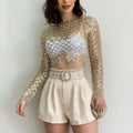Women's Sexy Mesh Beaded Tops Ladies Fashion Sequins Long Sleeve Top T-Shirt Summer Casual Pullover for Female 2024 New