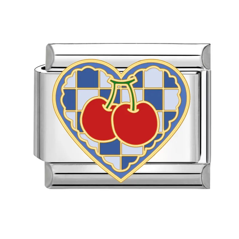 Sweet Red Cherry Bow Knot Heart Pendant Cherry Italian Charm Links Fit 9mm Stainless Steel Bracelet Women Jewelry DIY Making