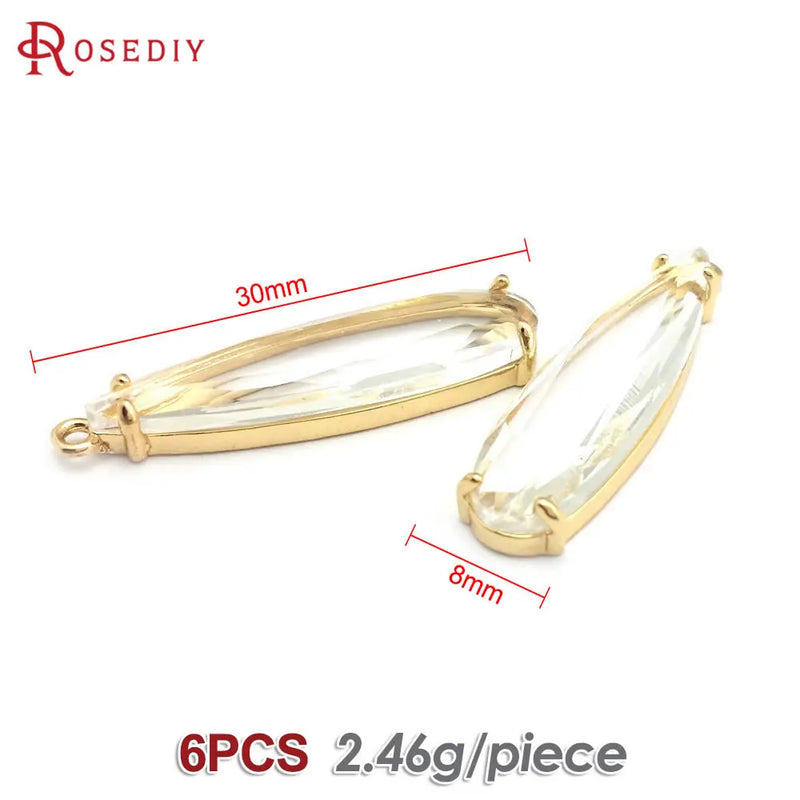 6PCS 8x30MM High Quality Champagne Gold Color Brass and Glass Long Drop Shape Charms Pendants Jewelry Making Diy Accessories