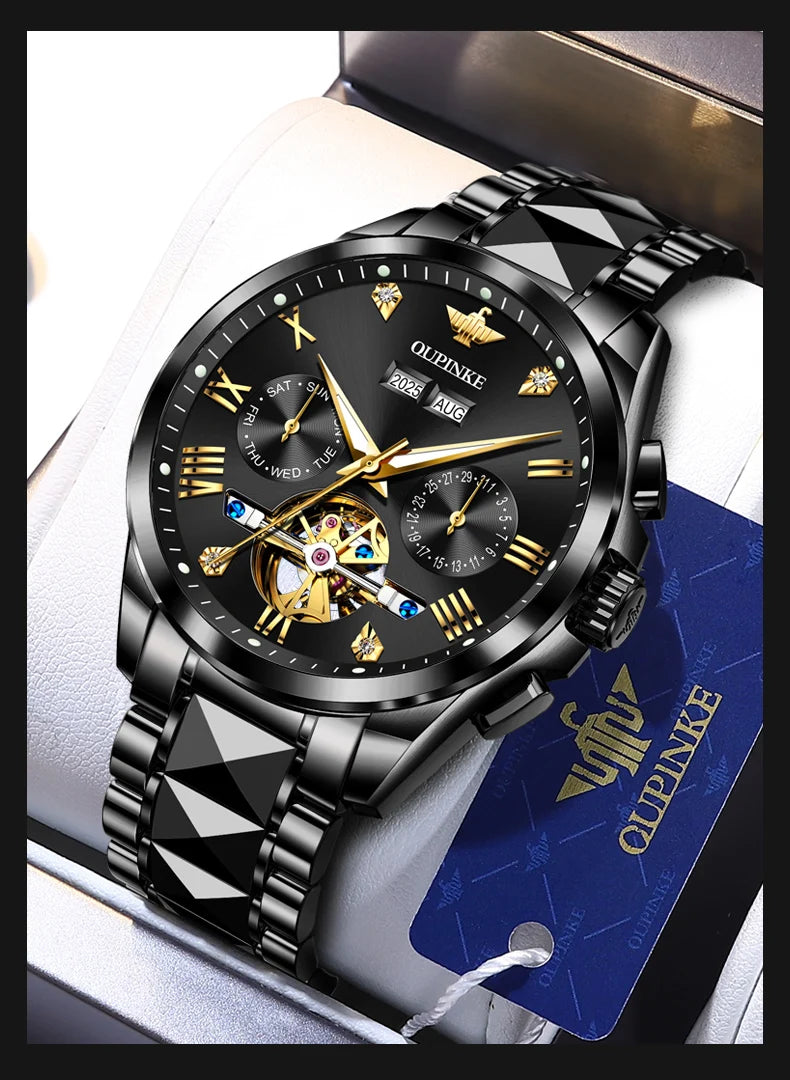 OUPINKE 3240 Automatic Watches Men 44mm Large Dial Tungsten Steel Strap Skeleton Flywheel Mechanical Watch for Men Luxury Watch