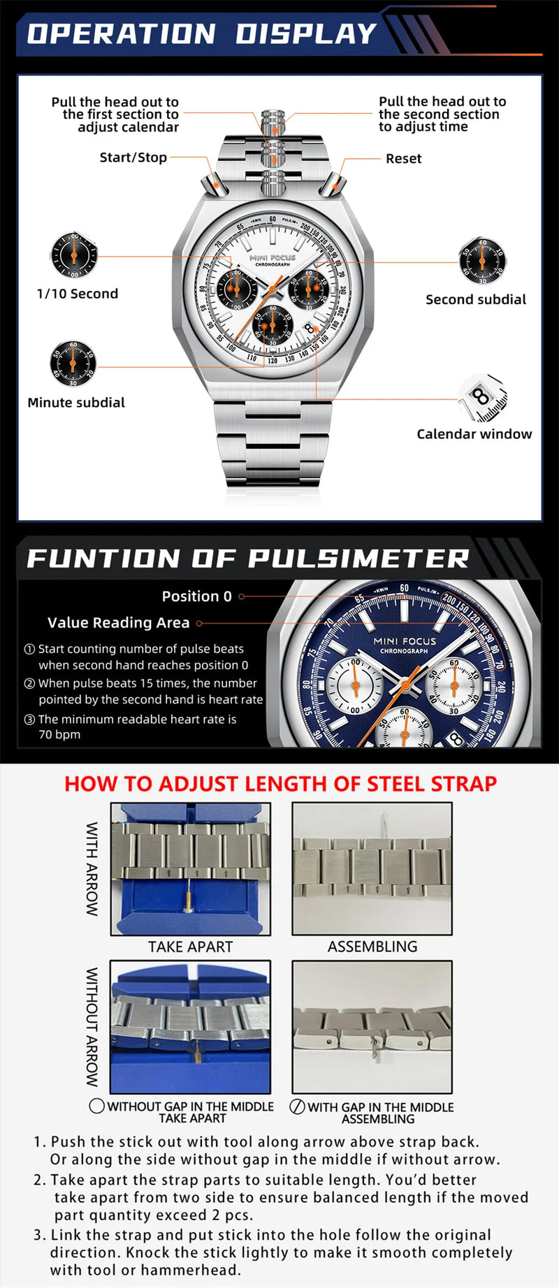 MINI FOCUS 0601 Multifunctional Unique design Quartz Watch for Men Calendar Luminous Stainless Steel Strap Bull Head Mens Watch