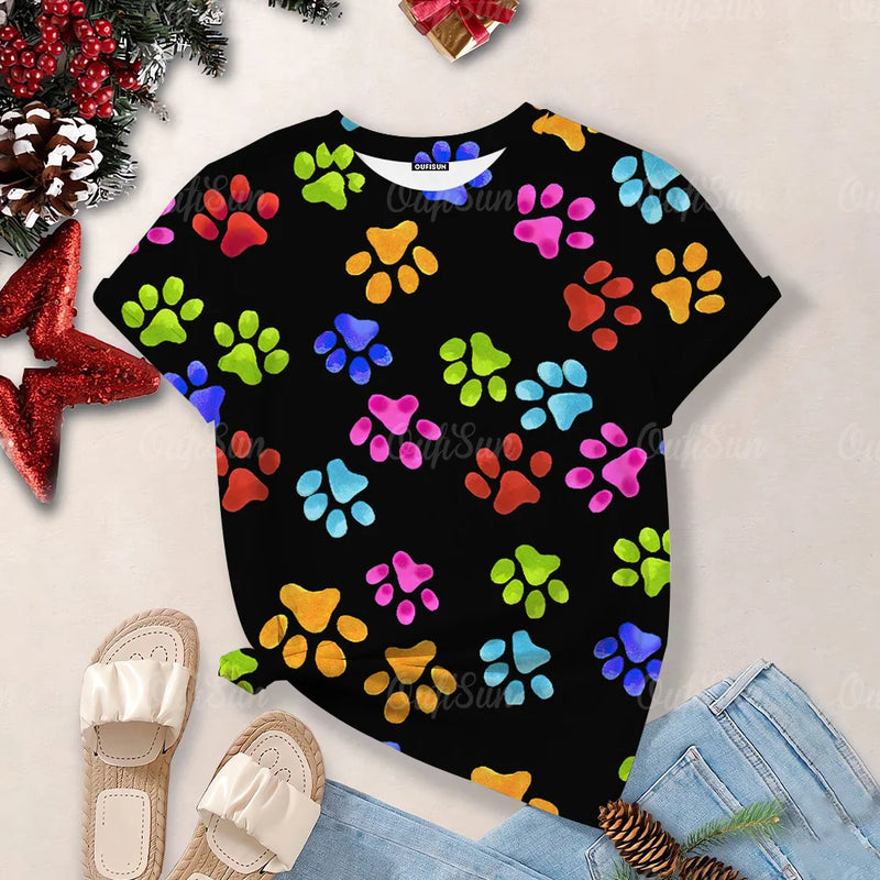 2024 Women's Top Summer Clothes Fashion Short-Sleeved Cat And Dog Paw Print Women's T-Shirt Cute Dog Paw Aesthetic Tops Woman