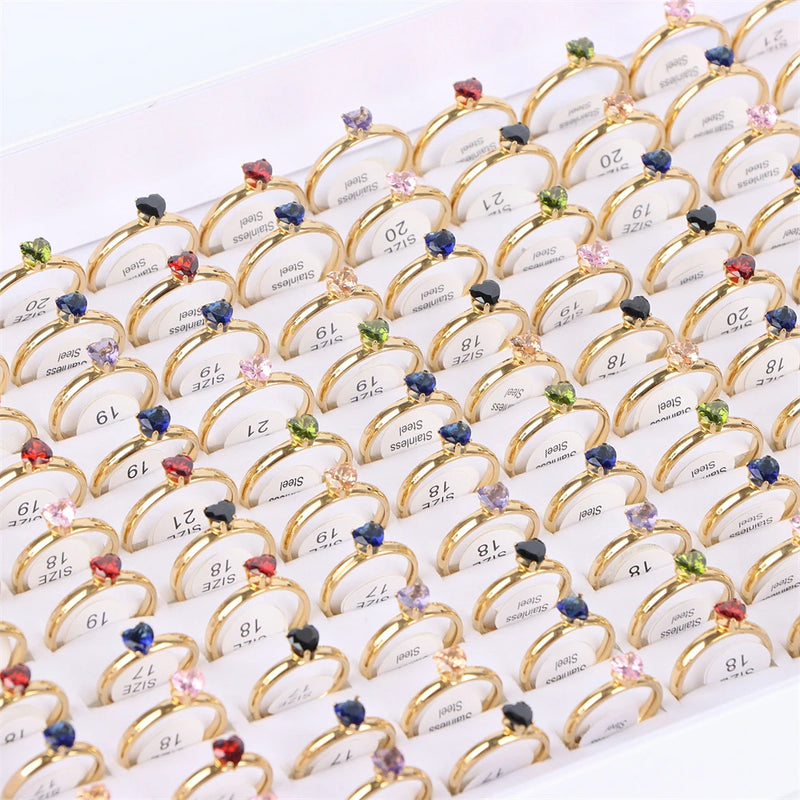 10Pcs/Lot Fashion Classic Rhinestone Stainless Steel Rings For Women Simple Shiny Colorful Finger Jewelry Wedding Party Gifts