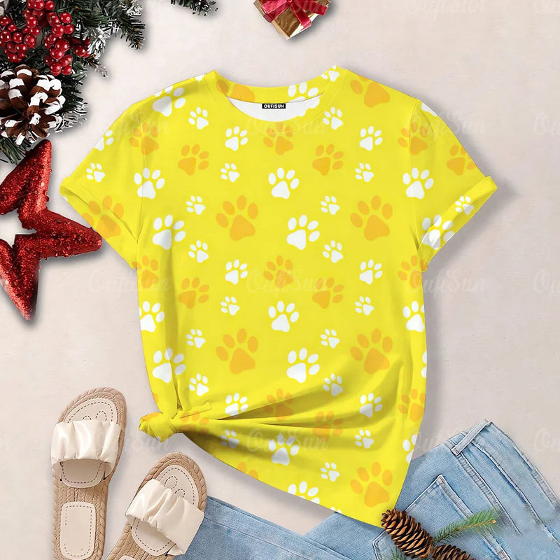 2024 Women's Top Summer Clothes Fashion Short-Sleeved Cat And Dog Paw Print Women's T-Shirt Cute Dog Paw Aesthetic Tops Woman