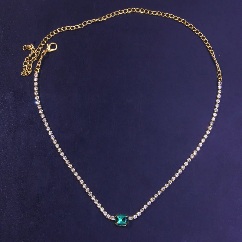 Stonefans Fashion Green Crystal Pendant Necklace Chain for women Simple Jewelry Statment Rhinestone Choker Colllar Chain Gfts