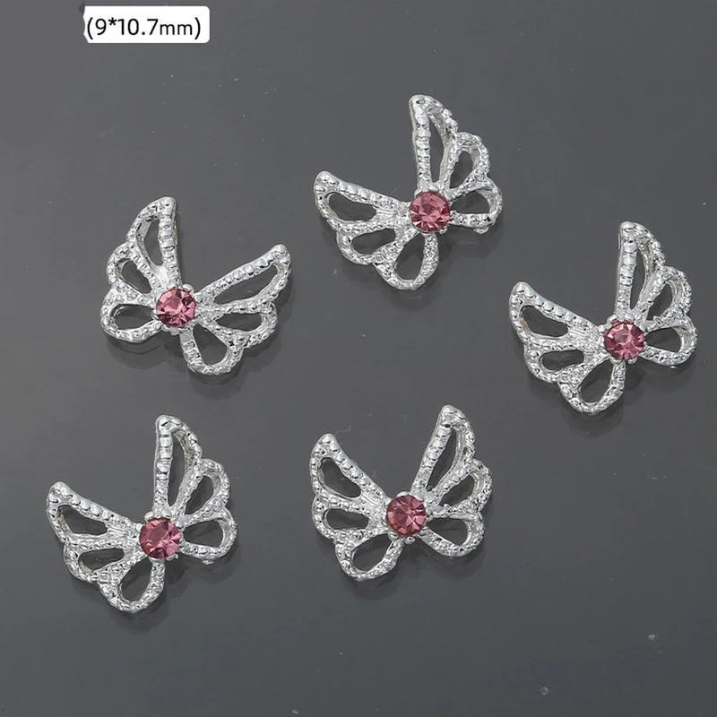 10Pcs Pink Metal Gem Zircon Nail Art Charm 3D Luxurious Heart Ribbon Cross Starlight Nail Decoration DIY Zircon Nail Accessories