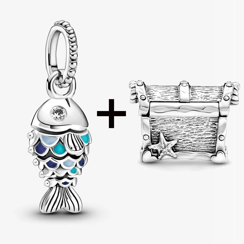 2Pcs/Lot Crystal Blue Scaled Fish Bead With Pendant Fit DIY Brand Charm Bracelet  For Women's Summer Jewelry To Making Gift