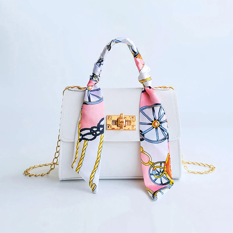 Silk Band Bow Lock Small Square Bag PU Leather Chain Handbag Crossbody Bags