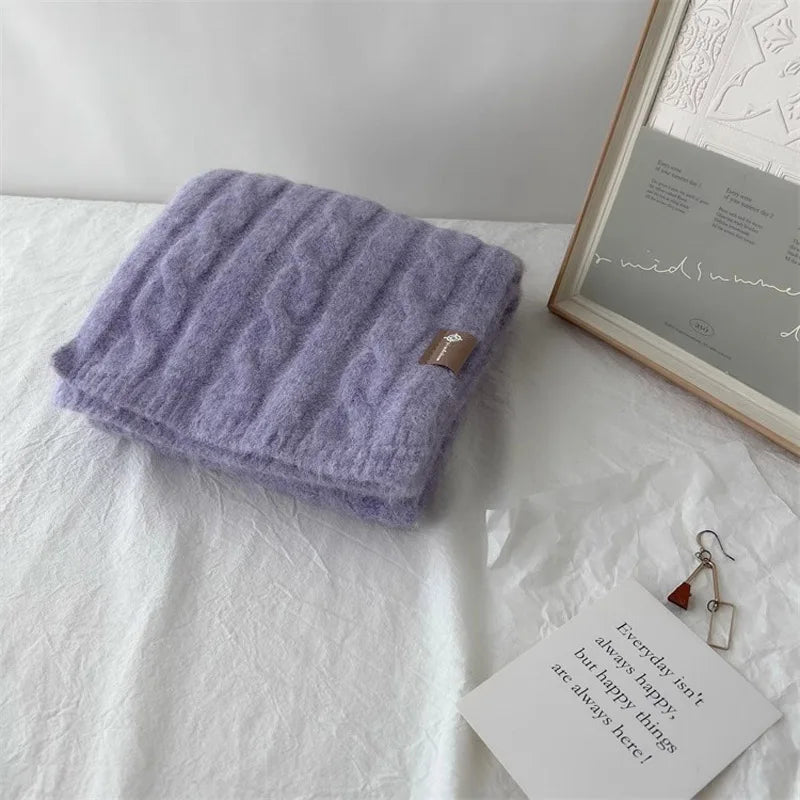 Pure Color Twist Knit Wool Blends Scarf Autumn Winter Lady Men Neckerchief Lovers Student Soft Warm Pashmina Shawl Muffler