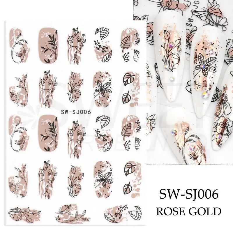 3D Snake Laser Stickers for Manicure Black Gold Abstract Leaves Luxury Nail Art Adhesive Slider Polish Decor Decals SASW-SJ