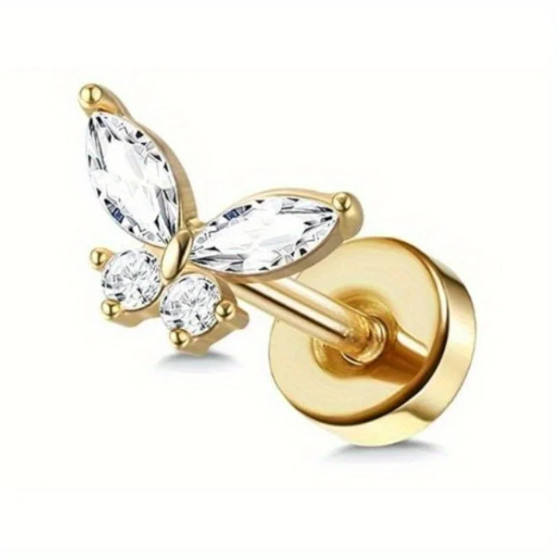 Drperfect 1 PC Earrings Stylish Safe Internally Threaded CZ Jewelry for Women and Men - Moon Heart-Shaped Bee Butterfly Designs