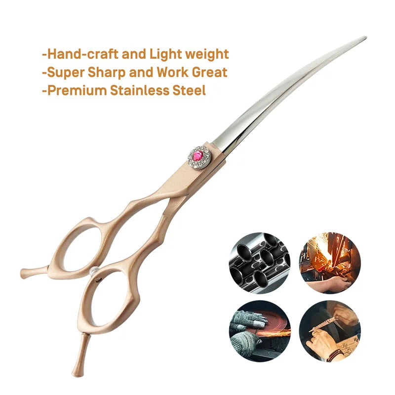 Professional Curved Dog Grooming Scissors 440C Stainless Steel Pet Cutting Shears Safety Trimming For Dogs Cats