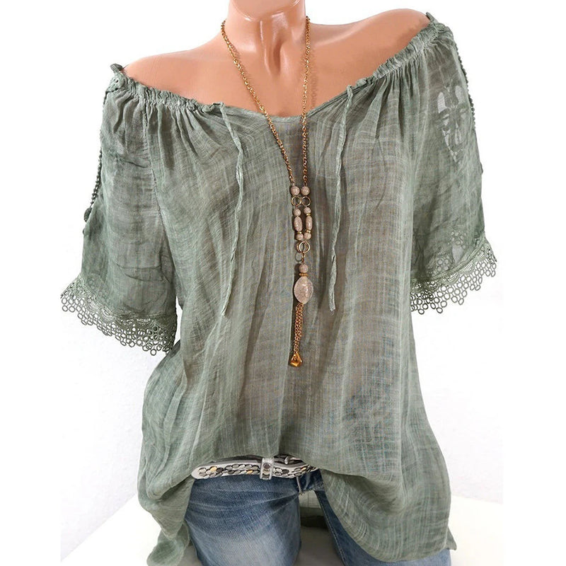 Sexy V Neck Lace Patchwork Loose T-shirts Summer Female See Through Sand Beachwear Tee Shirt Tops ARJ-05