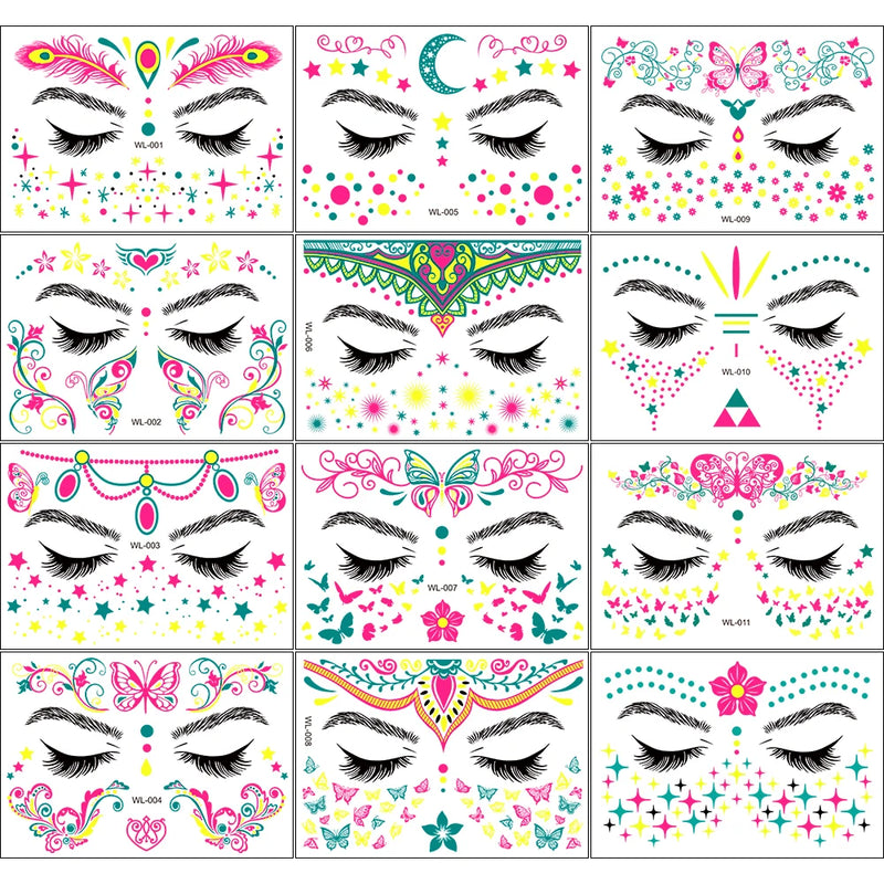 1Pc UV Neon Butterfly Flower Face Tattoo Stickers 14*15cm Waterproof Fluorescent Body Sticker for Club Party Makeup Face Sticker