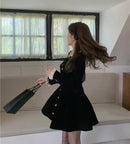 Korean Black Velvet Dresses for Women Single Breasted Long Sleeve Evening Party Dress Autumn Y2K Fashion A-line Vestido Mujer