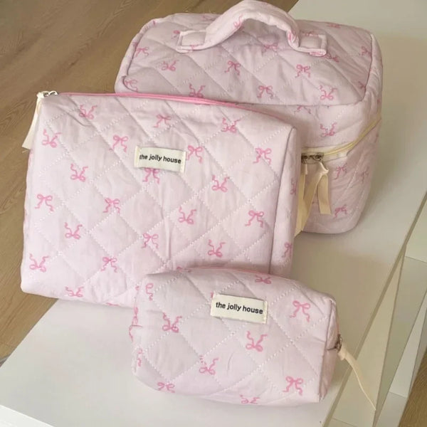 Female Handbag Toiletry Pouch for Girls 2024 Pink Bowknot Quilting Women Cosmetic Bag Portable Zipper Makeup Travel Organizer
