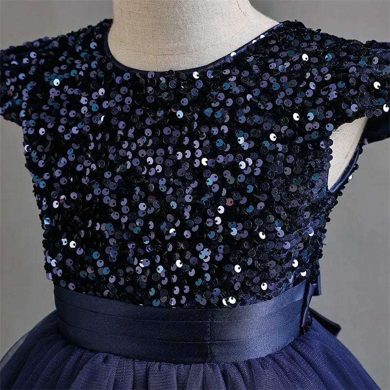 Puffy Girls Party Dress Elegant Kids Wedding Gala Prom Gown Sequin Bow Children Birthday Princess Dress For Girl Clothes 5-14Yrs
