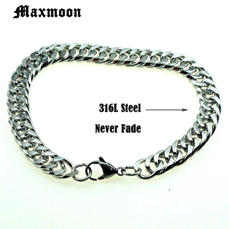 Maxmoon Miami Cuban Stainless Steel Chain Bracelets Men 7mm Flat Curb Bracelet Hip Hop Rock Sports Jewelry Customize Wholesale