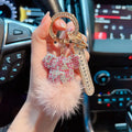 Luxury Handmade Craft Bear Keychain Mink Hair Anti-lost Number Plate Rhinestones Key Chain Lady Charm Bag Car Key Chain Gift