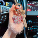Luxury Handmade Craft Bear Keychain Mink Hair Anti-lost Number Plate Rhinestones Key Chain Lady Charm Bag Car Key Chain Gift