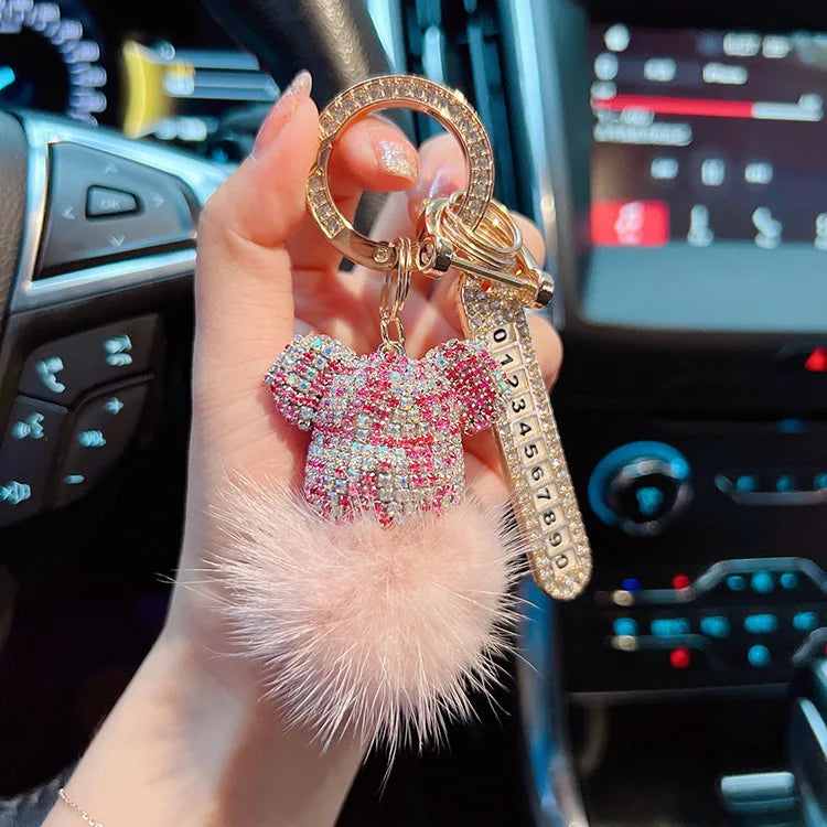 Luxury Handmade Craft Bear Keychain Mink Hair Anti-lost Number Plate Rhinestones Key Chain Lady Charm Bag Car Key Chain Gift
