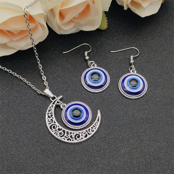 Vintage Türkiye Blue Eye Pendant Necklace Women's Earrings Blue Medusa Devil's Eye Party Lucky Earrings Fashion Jewelry Set Gift