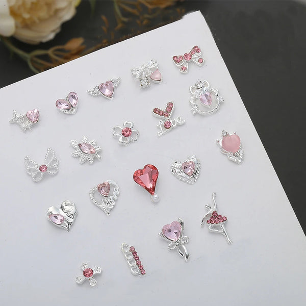10Pcs Pink Metal Gem Zircon Nail Art Charm 3D Luxurious Heart Ribbon Cross Starlight Nail Decoration DIY Zircon Nail Accessories