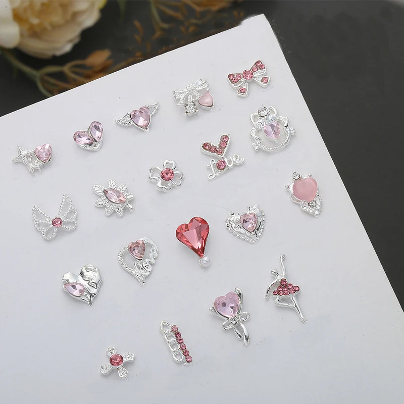 10Pcs Pink Metal Gem Zircon Nail Art Charm 3D Luxurious Heart Ribbon Cross Starlight Nail Decoration DIY Zircon Nail Accessories