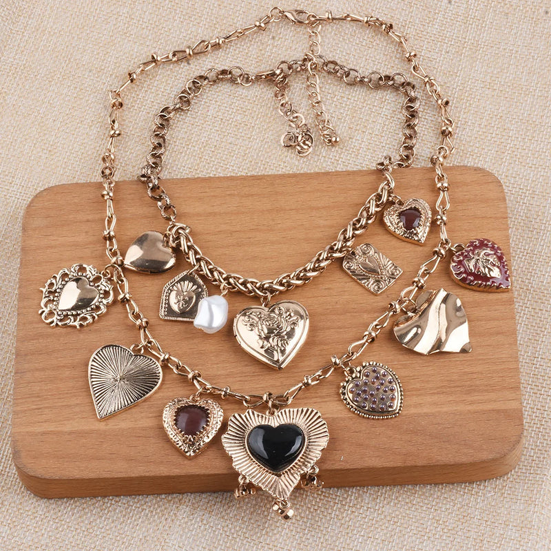2025 New Vintage Punk Charm Hearts Necklaces Pendants Women Indian Statement Retro Metal Chain Links Necklace Jewelry