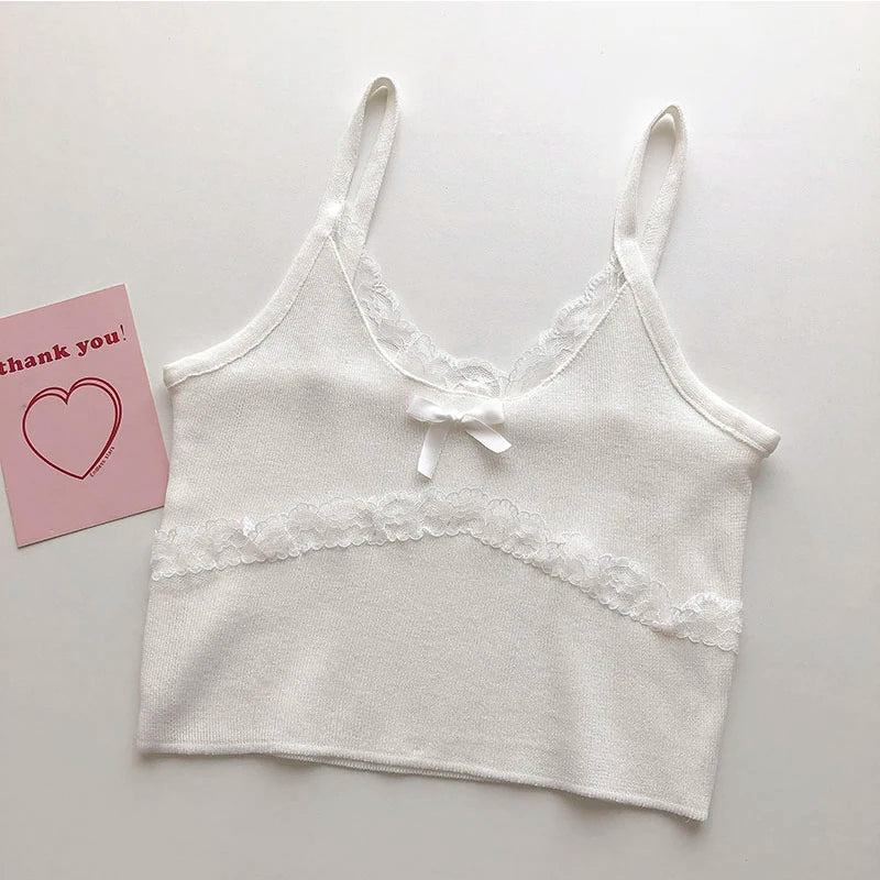 HELIAR Women Lace Bowknot Tops Female Plain Straps Tank Tops Streetwear Camisole Cute Crop Tops For Women 2023 Summer