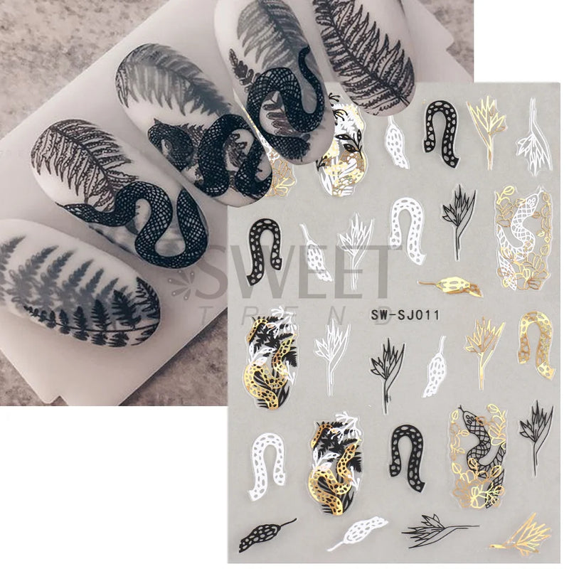 3D Snake Laser Stickers for Manicure Black Gold Abstract Leaves Luxury Nail Art Adhesive Slider Polish Decor Decals SASW-SJ