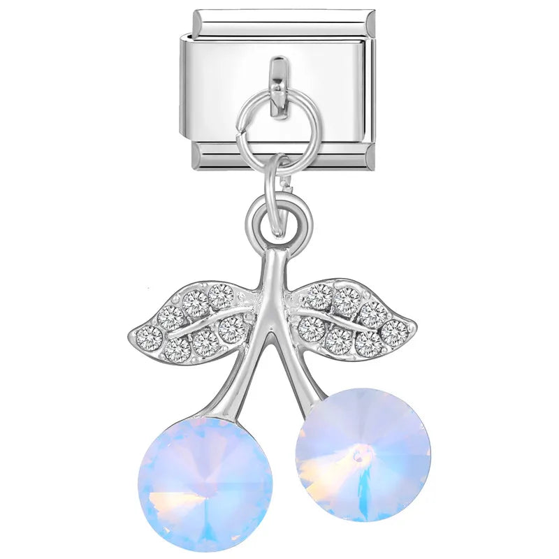 Sweet Red Cherry Bow Knot Heart Pendant Cherry Italian Charm Links Fit 9mm Stainless Steel Bracelet Women Jewelry DIY Making