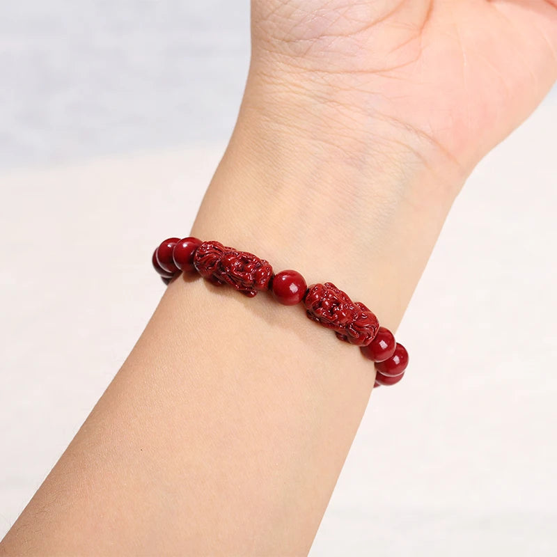 JD Natural Cinnabar Real Bead Bracelets Women Men Change Lucky Wealth Protection Hand String Pixiu Carved Vintage Bangles Gift
