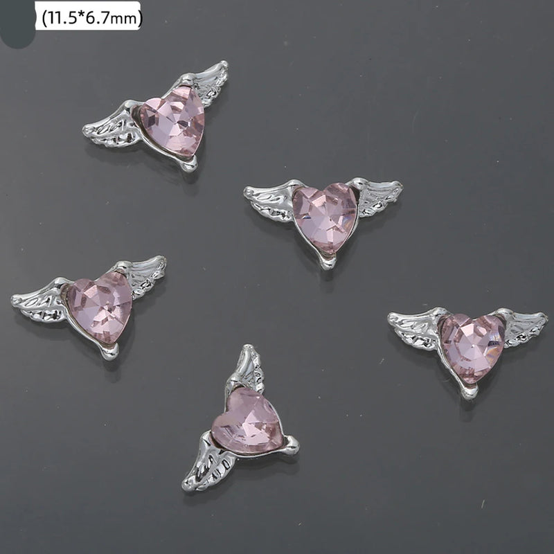 10Pcs Pink Metal Gem Zircon Nail Art Charm 3D Luxurious Heart Ribbon Cross Starlight Nail Decoration DIY Zircon Nail Accessories