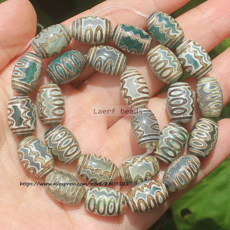 8pcs ,10x14mm Natural Green Agate Ancient Tibet Dzi beads, Many patterns, For DIY Jewelry making !