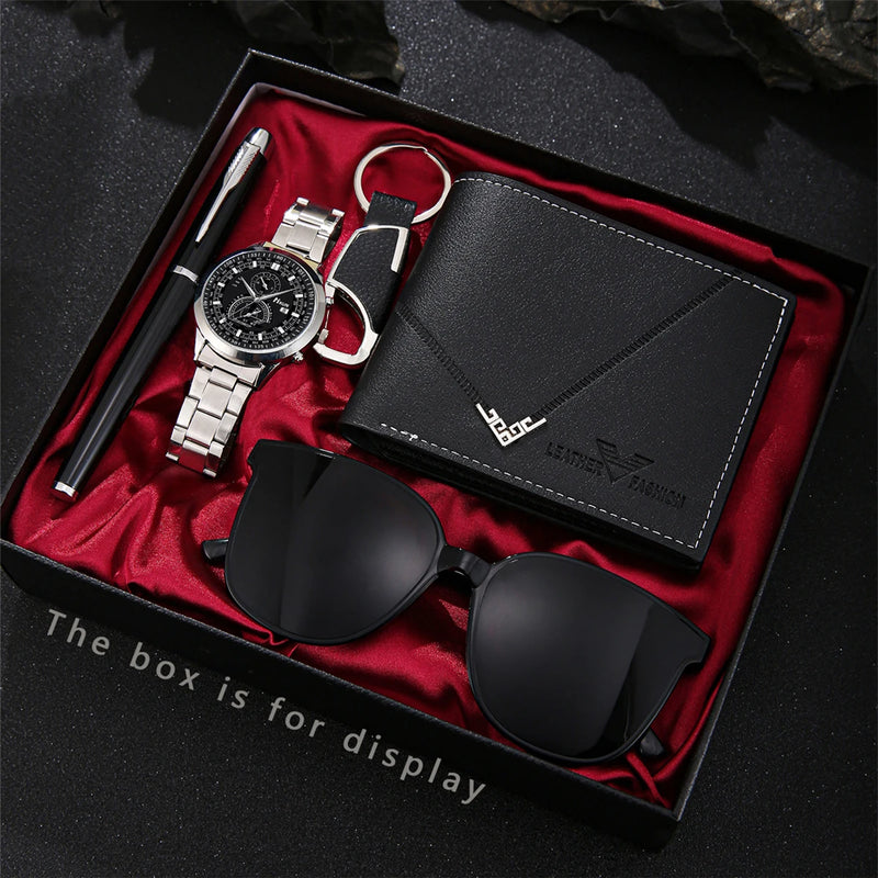 5 pieces/set of men's watches Fashionable, handsome and casual watch watch set + glasses + wallet birthday gift set