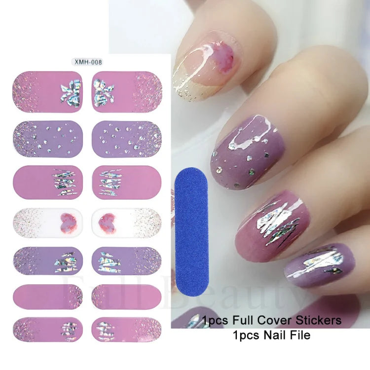Gel Nail Stickers Lacquer Strips Full Cover Adhesive Slider Wraps With Line Foil Design Sanding File Nail Art Accessories LAJX22