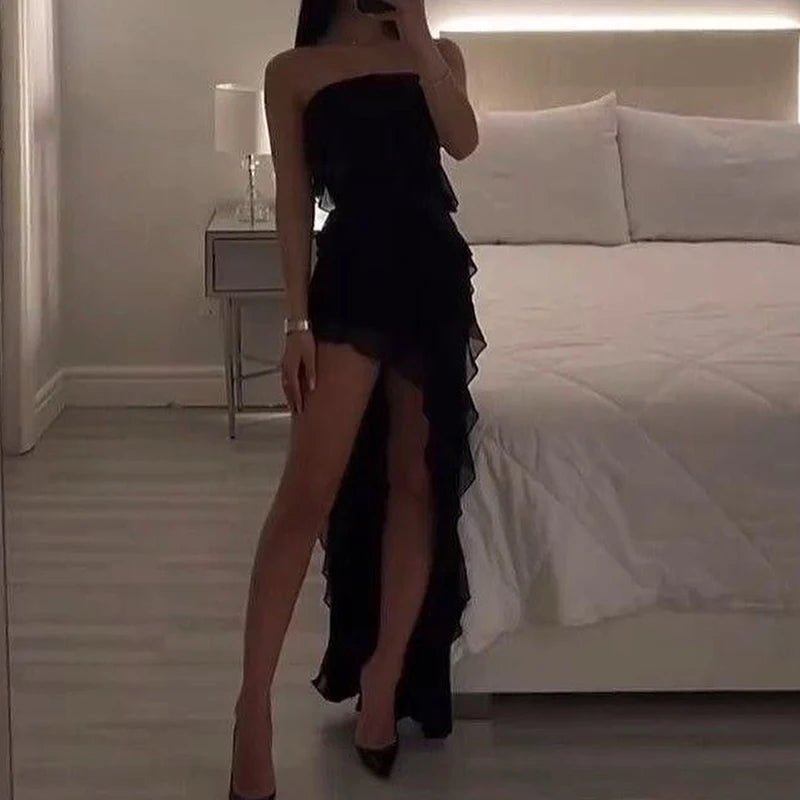 Vestido minivestido sexy sin tirantes con estampado floral, dobladillo plegado, abertura alta, liso, sin espalda, sin mangas, negro y rosa, para fiesta, 2024