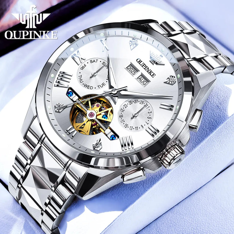 OUPINKE 3240 Automatic Watches Men 44mm Large Dial Tungsten Steel Strap Skeleton Flywheel Mechanical Watch for Men Luxury Watch
