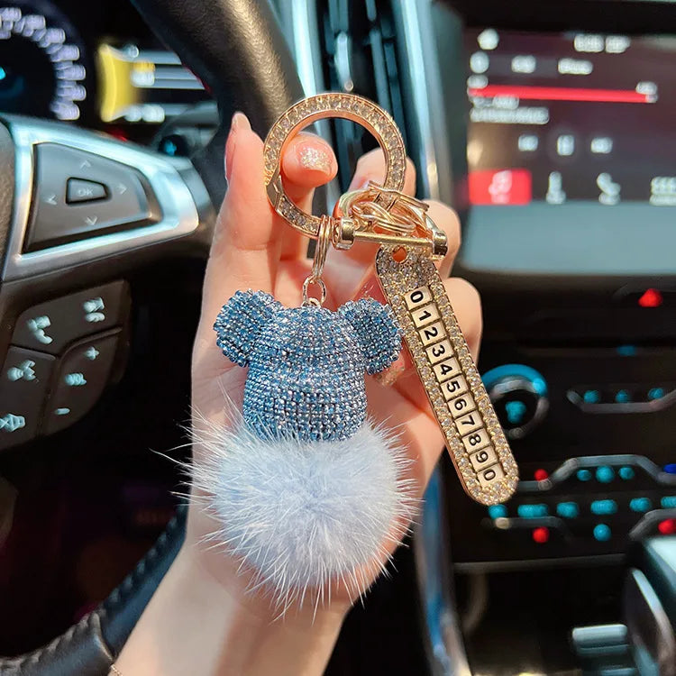 Luxury Handmade Craft Bear Keychain Mink Hair Anti-lost Number Plate Rhinestones Key Chain Lady Charm Bag Car Key Chain Gift