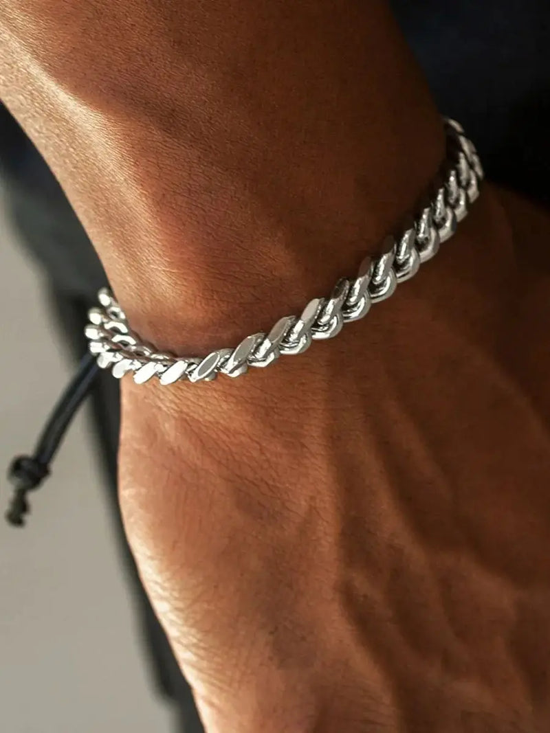 Silver Color Stainless Steel Cuban Chain Bracelet Retro Wax Rope Buckle Men's Bracelet Retro Jewelry Trend Accessories