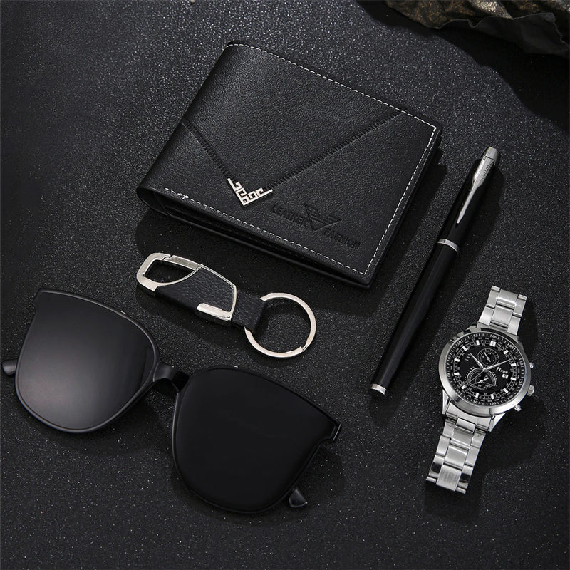 5 pieces/set of men's watches Fashionable, handsome and casual watch watch set + glasses + wallet birthday gift set