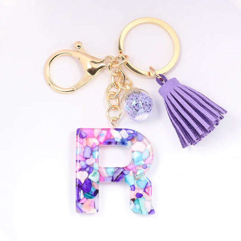 Women ew Crystal Epoxy Tassel Keychain Pendant Girl Heart English Capital Letter Stone Key K5158