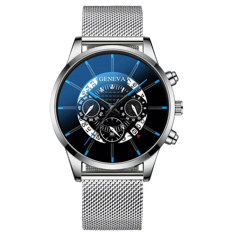 Luxury Hollow Out Men's Watches Fashion Business Calendar Blue Stainless Steel Mesh Belt Analog Quartz Watch Relogio Masculino