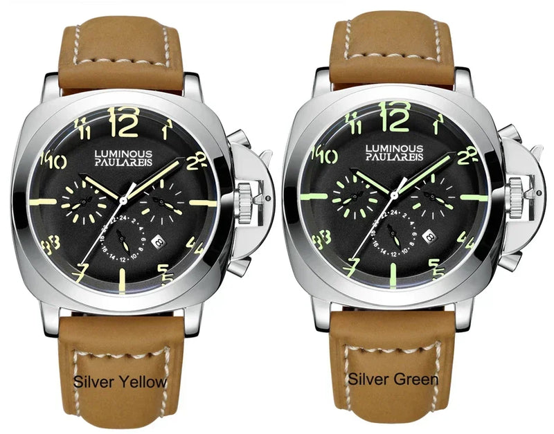 Automatic Watches for Men Mechanical Movement Genuine Brown Leather Multifunction Yellow Green Rose Gold Reloj Hombre Baratos