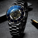 Luxury Hollow Out Men's Watches Fashion Business Calendar Blue Stainless Steel Mesh Belt Analog Quartz Watch Relogio Masculino